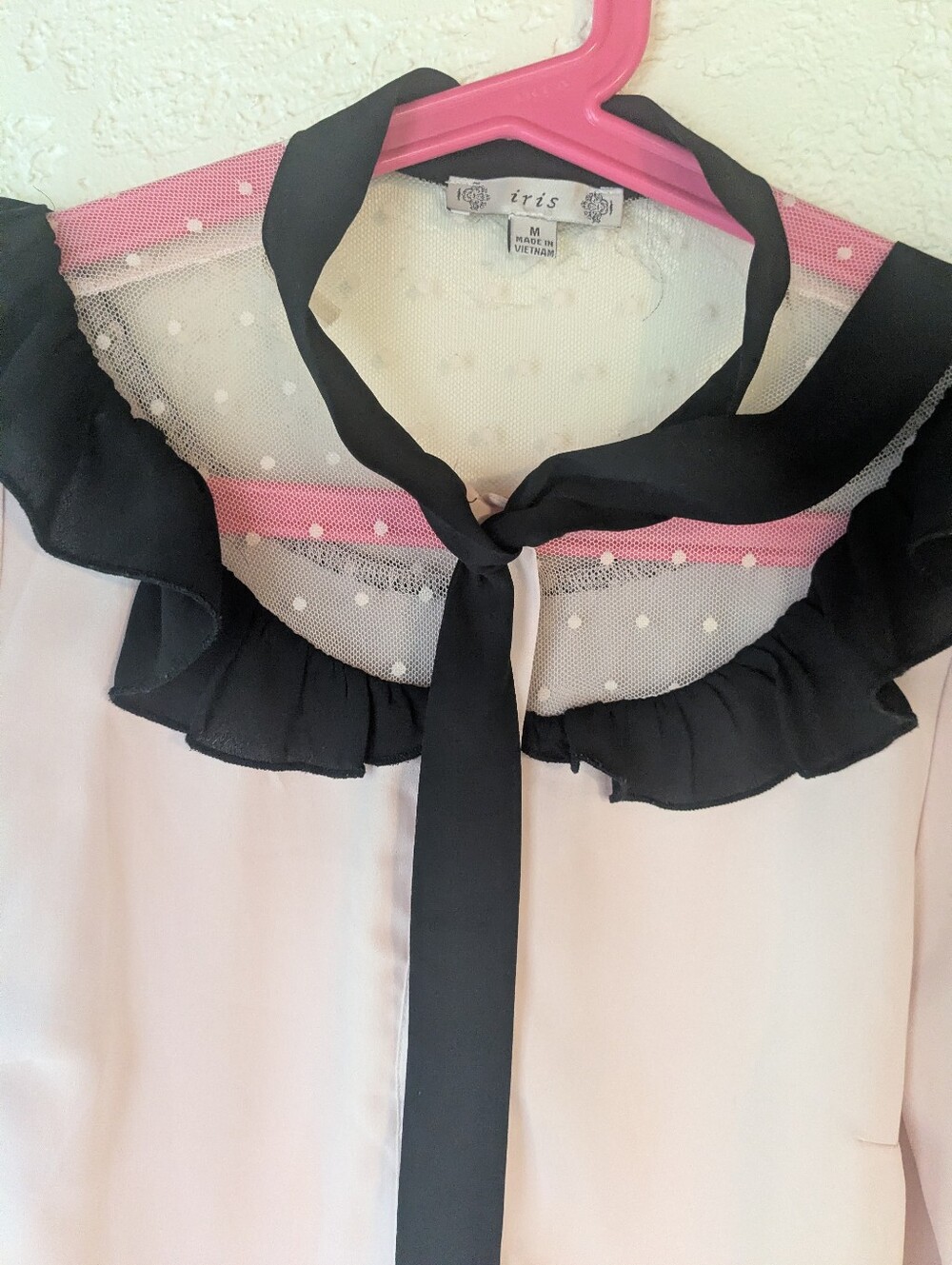 Iris Pink Blouse with Black Tie-Neck and Polka Dot, Lace Yoke